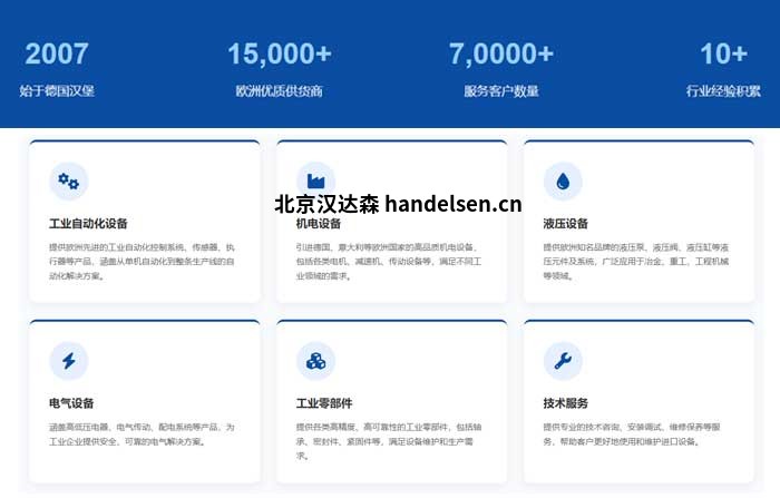 漢達(dá)森在歐洲工業(yè)備件采購(gòu)領(lǐng)域已經(jīng)深耕17年，積累了15000+歐洲供貨商及工廠資源，服務(wù)網(wǎng)絡(luò)覆蓋全國(guó)70000+客戶，在冶金、能源、航天、汽車等行業(yè)擁有豐富的實(shí)戰(zhàn)經(jīng)驗(yàn)